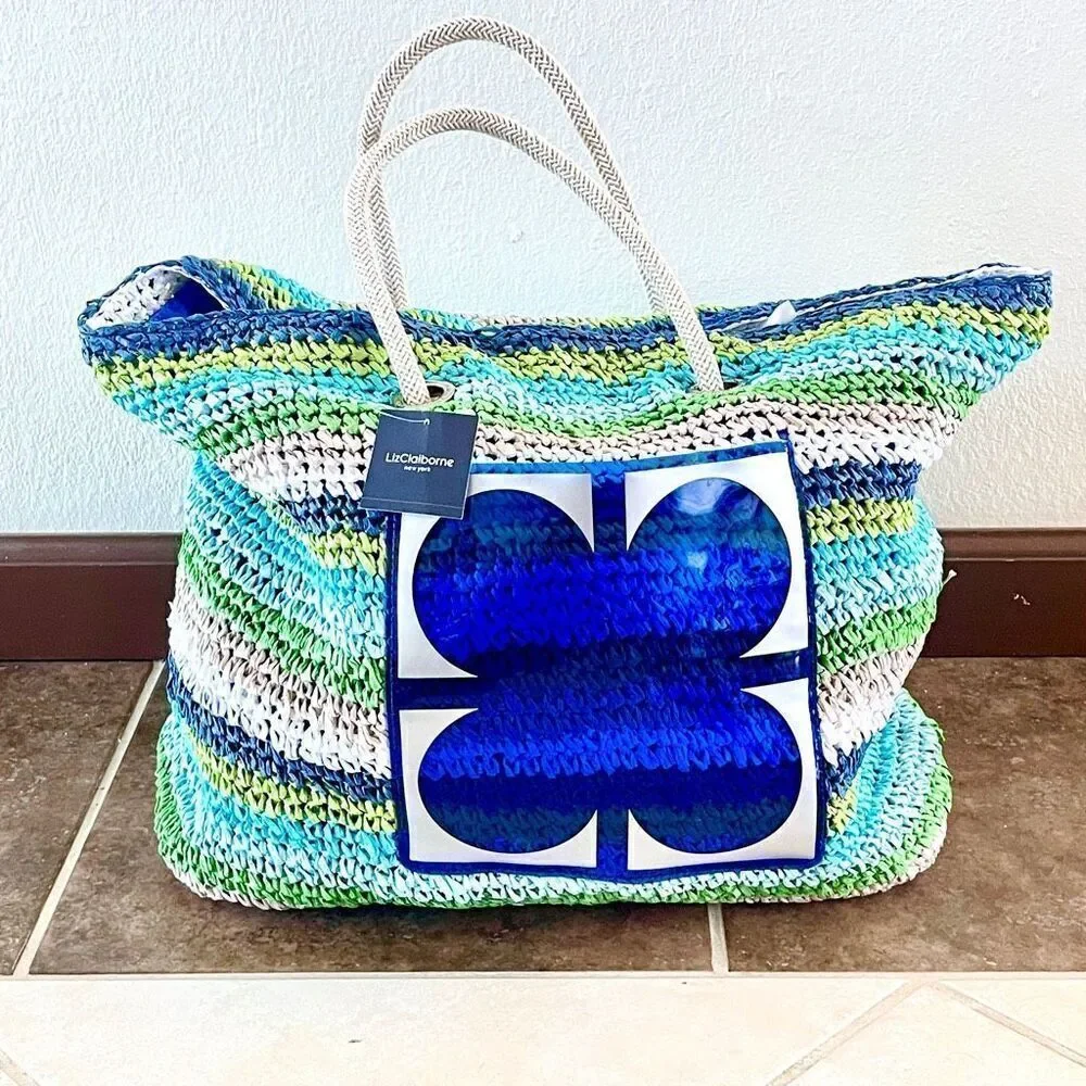 NWT Gorgeous Liz Claiborne Blue Green White Raffia Straw Big Tote Bag & pouch